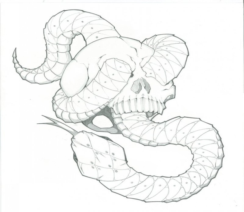 Uncolored snake crawking throuth skull eye holes tattoo design