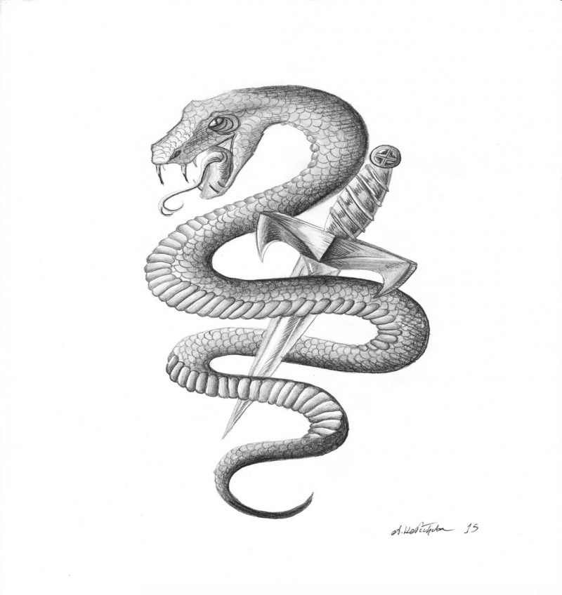 Uncolored snake killed with small sword tattoo design by Tribal Chick101