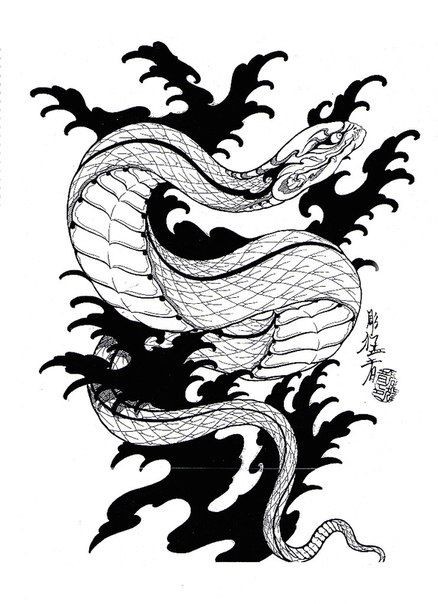 Uncolored snake on black waves background tattoo design