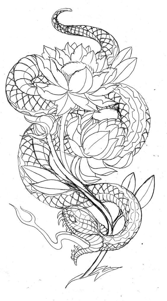 Uncolored snake twining around peony flower stem tattoo design