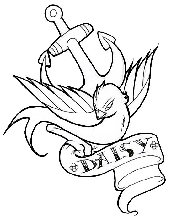 Uncolored sparrow with marine anchor and daisy quoted stripe tattoo design