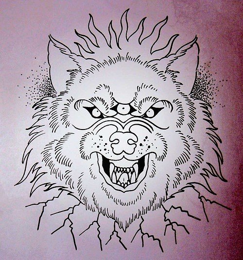 Uncolored three-eyed wolf with cracks tattoo design