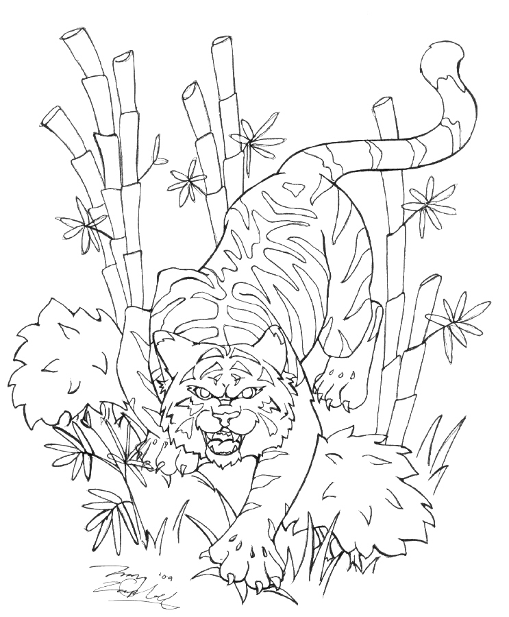 Uncolored tiger hunting among bamboo trees tattoo design