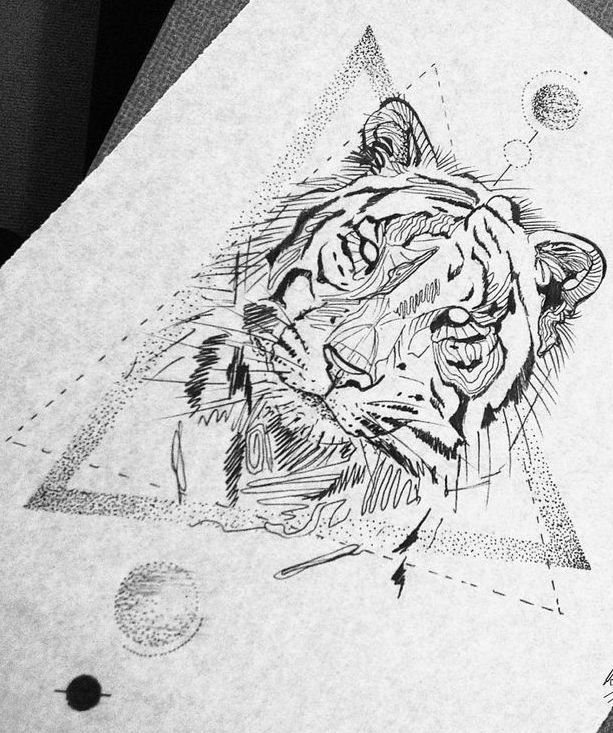 Uncolored tiger portrait on dotwork geometric drawings tattoo design