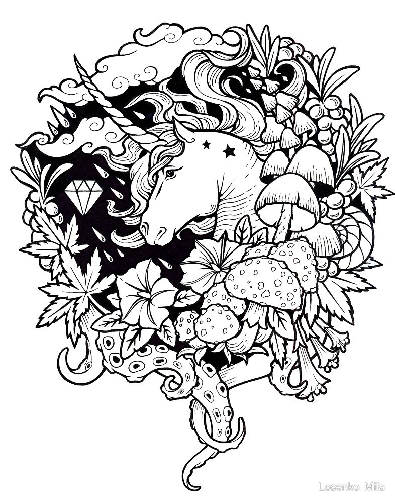 Uncolored unicorn in detailed frame with mushrooms and octopus tentacles tattoo design