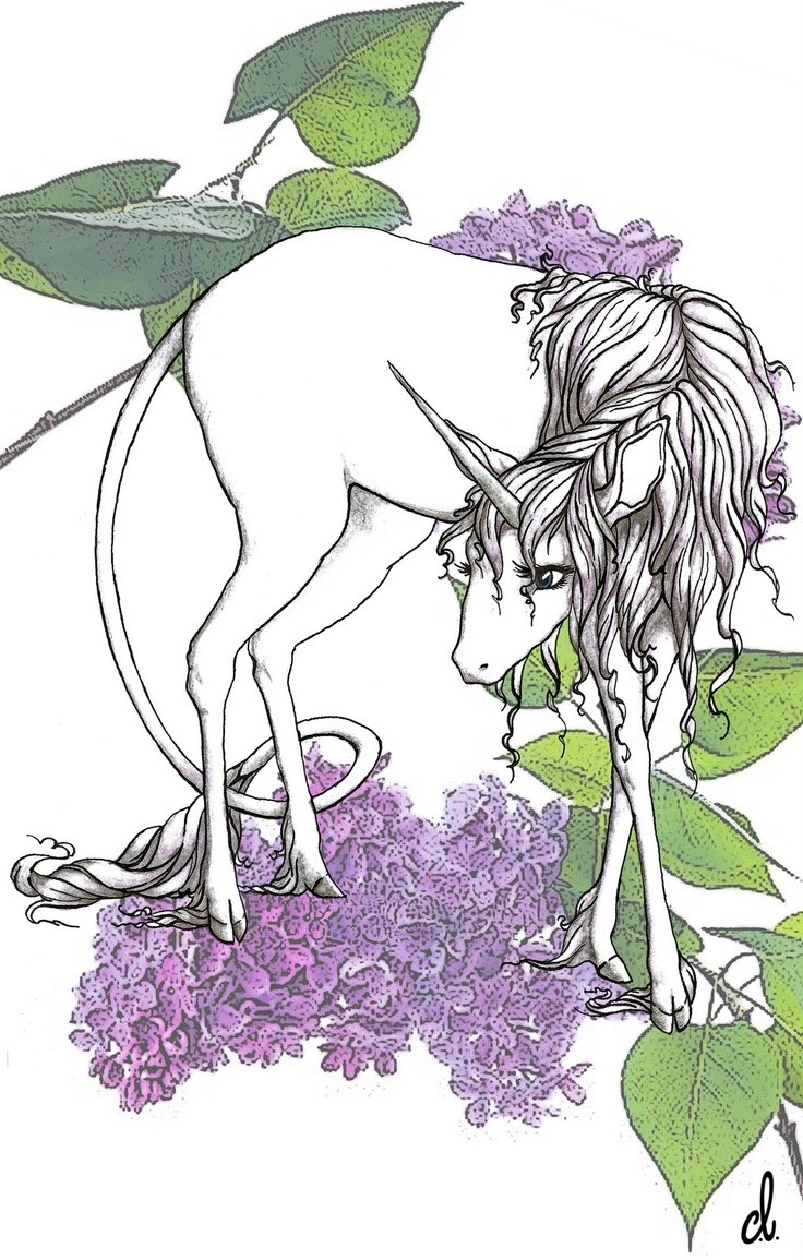 Uncolored unicorn walking on colored lilac background tattoo design