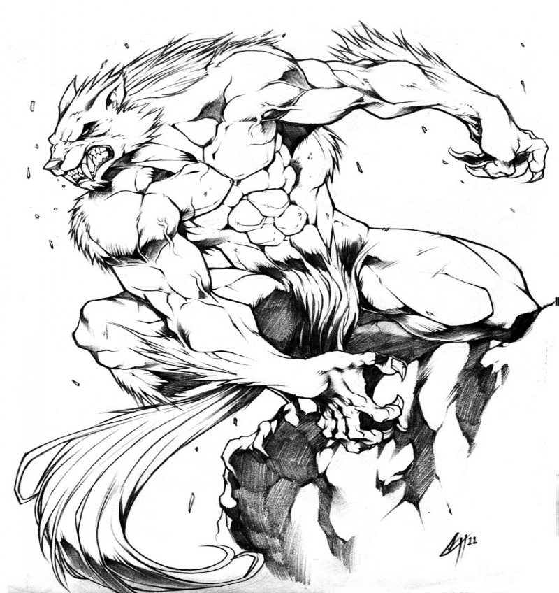 Uncolored werewolf standing on rock edge tattoo design by Chaos Draco