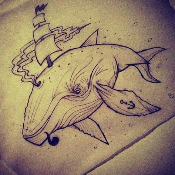 Uncolored whale with sails on back tattoo design