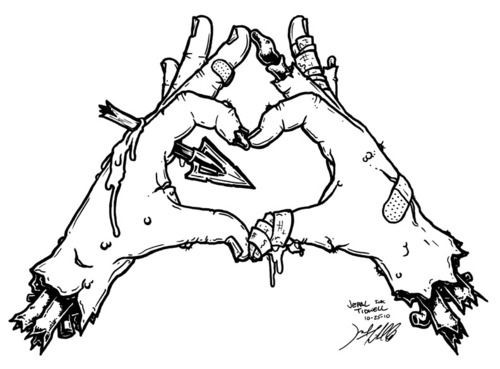 Mãos de zumbi sem cor, mostrando um desenho de tatuagem de coração
