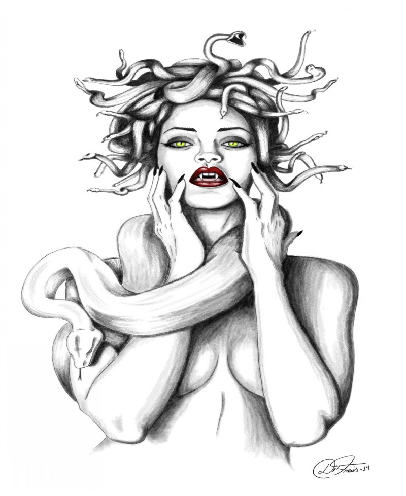 Gorgona medusa inesperada de Rihanna com lábios vermelhos e desenho de tatuagem de olhos verdes por Difraies
