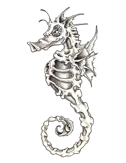 Unexpected grey-ink seahorse skeleton tattoo design