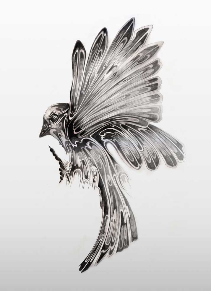 Unique black-and-white flying bird tattoo design