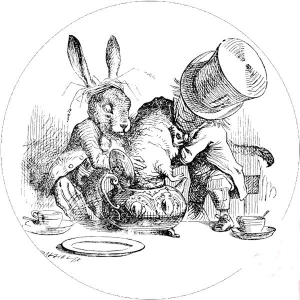 Unique black-and-white march hare and mad hatter at the table tattoo design