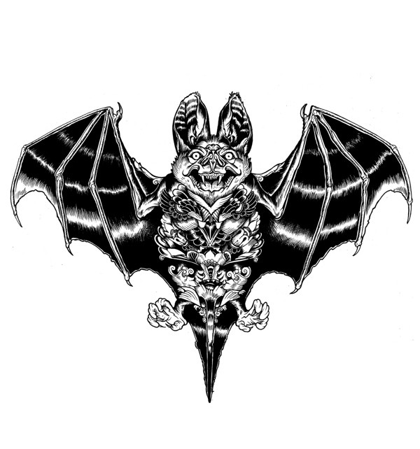 Unique black bat with ornamented body tattoo design