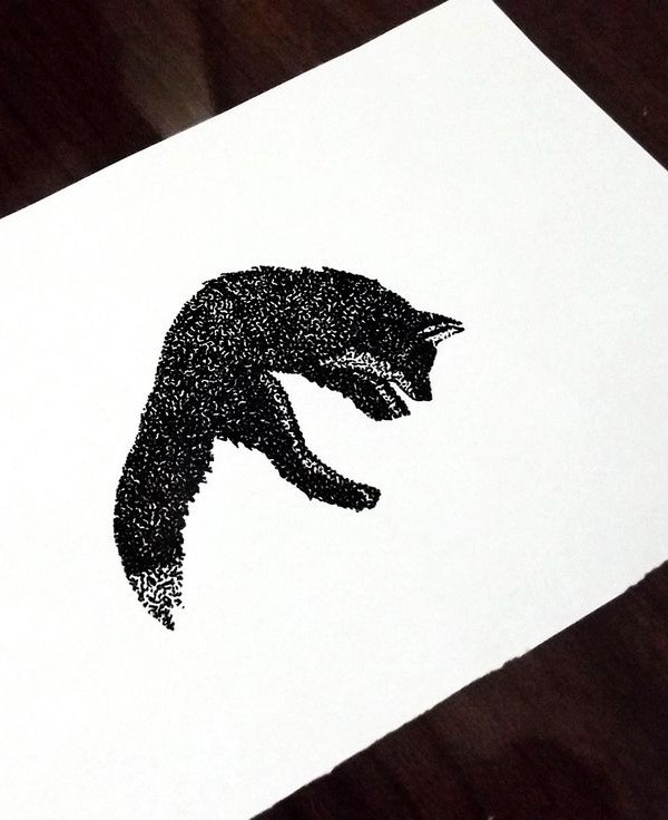 Unique black dotwork jumping fox tattoo design