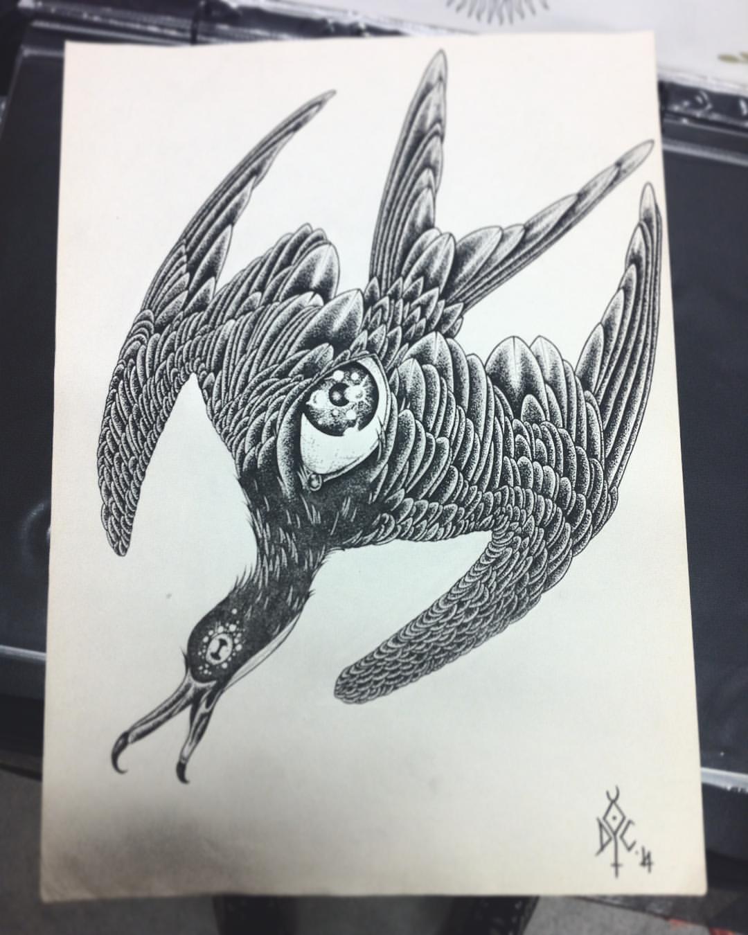 Unique black falling bird with third eye tattoo design