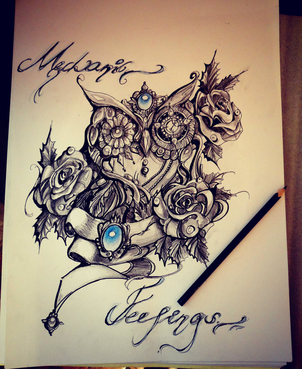 Unique blak-and-white owl with roses and blue gems tattoo design by Shitachi