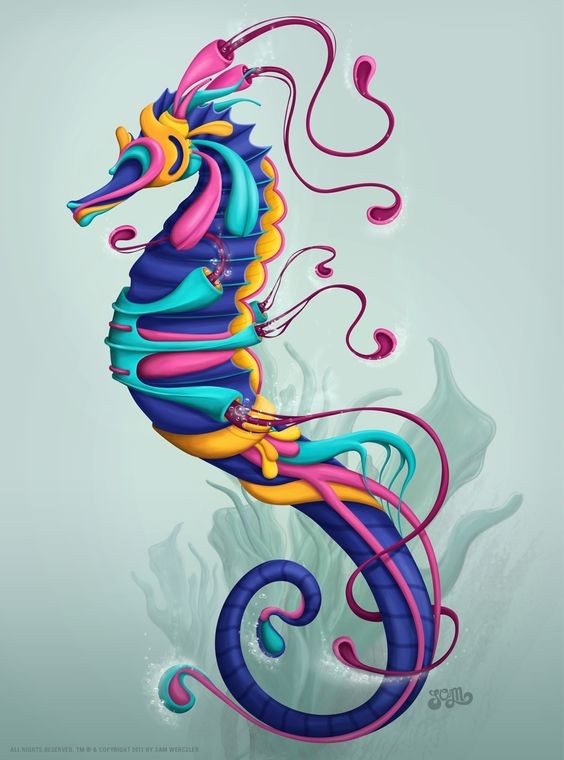 Unique bright-colored seahorse with hanging stripes tattoo design