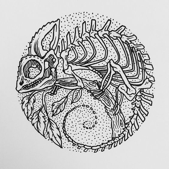 Unique chameleon skeleton on dotwork background tattoo design