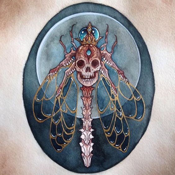 Unique colorful skull-body dragonfly tattoo design