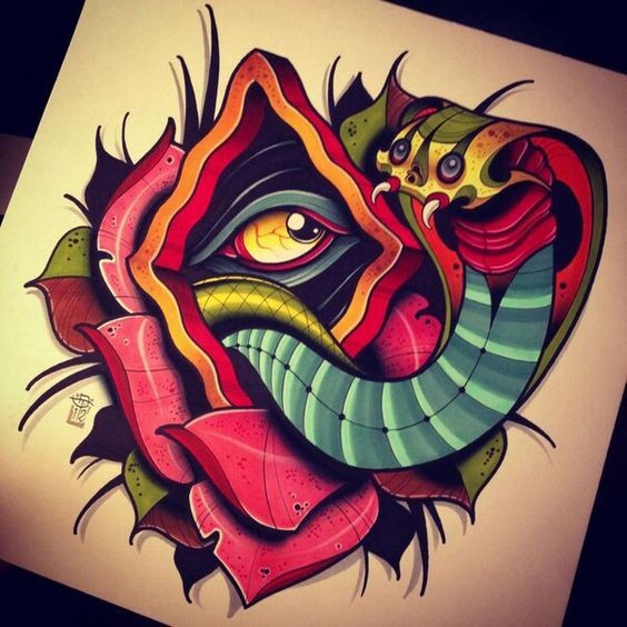 Unique colorful snake looking from illuminati-centered flower tattoo design