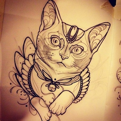 Unique decorated cat portrait tattoo design
