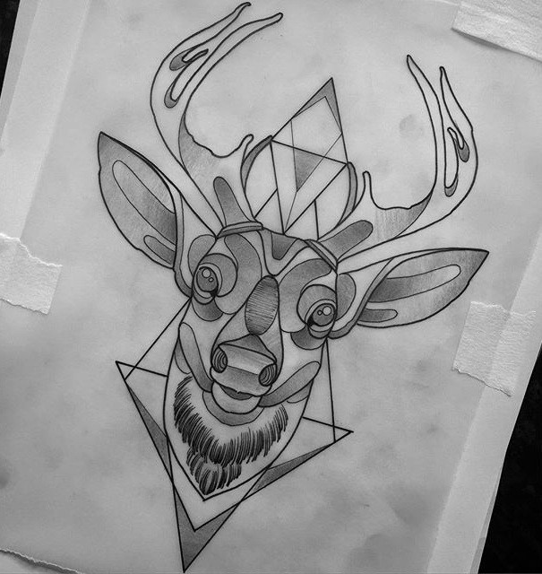 Unique deer head with geometric elements tattoo design