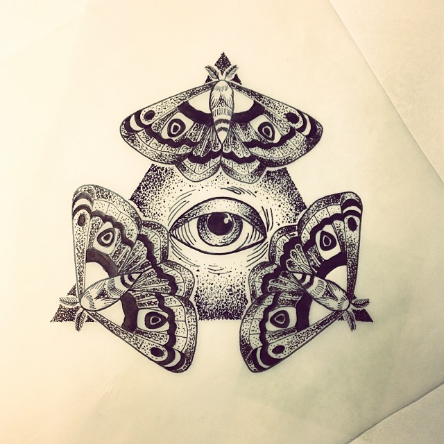 Unique dotwork illuminati symbol surrounded with mothes tattoo design