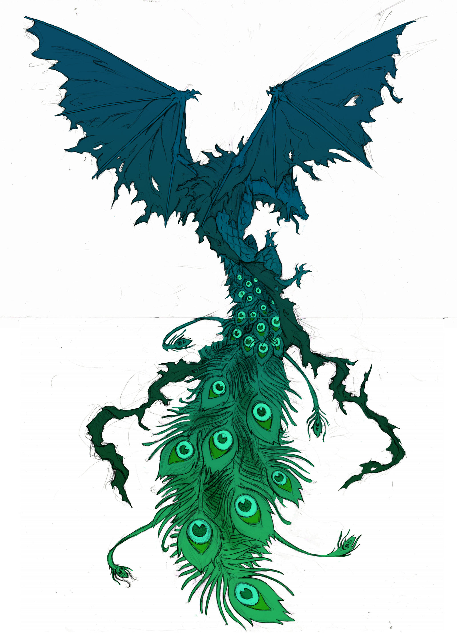 Unique green peacock dragon tattoo design by Kotoraptor