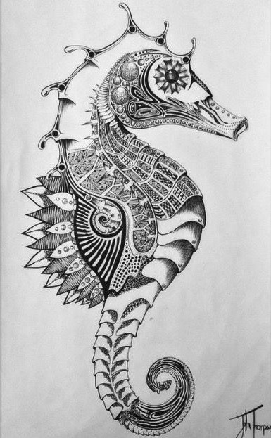 Unique grey-ink ornate seahorse tattoo design