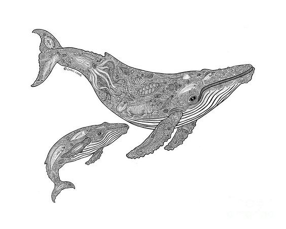 Unique grey-ink patterned whale mom and her cub tattoo design