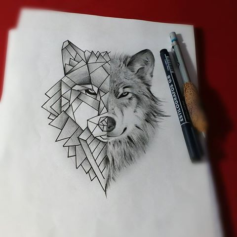 Unique grey-pencil half-geometric wolf tattoo design