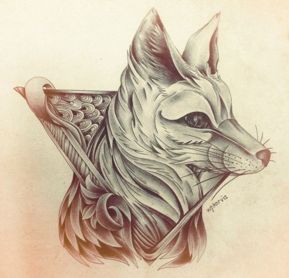 Unique grey fox portrait in triangle tattoo design