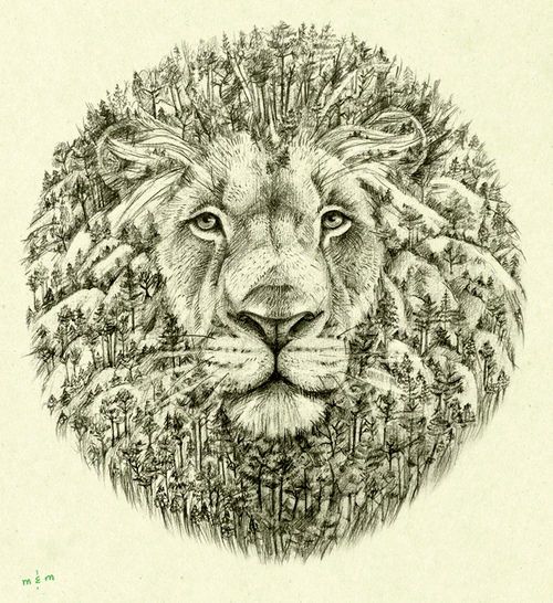 Unique round lion head with forest mane tattoo design