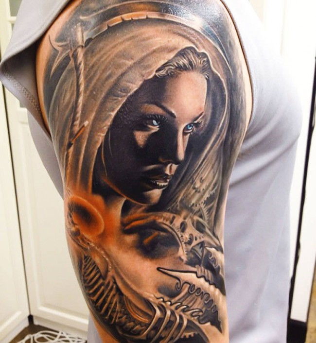 New school style colored shoulder tattoo of beautiful woman with blue eyes