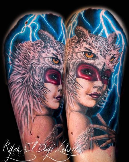 New school style colored shoulder tattoo of tribal woman with owl skull