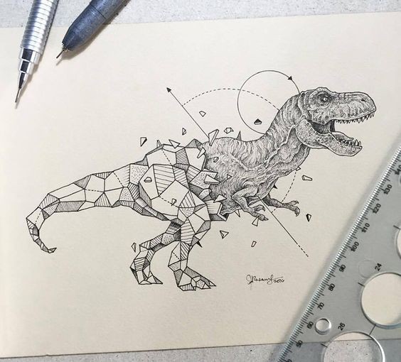 Unolored half-geometric dinosaur tattoo design