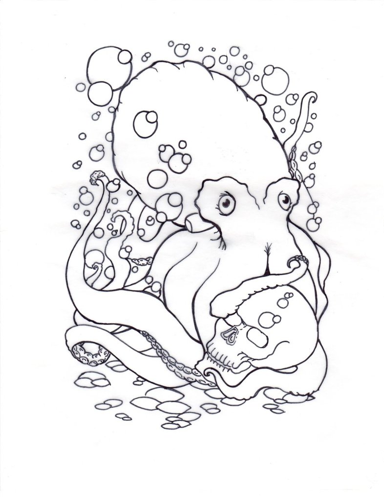 Unolored octopus guarding his skull tattoo design by Codizzle72