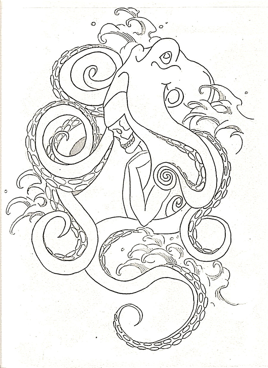 Unolored octopus sitting on skeleton girl head tattoo design by Virtue Destroyedx