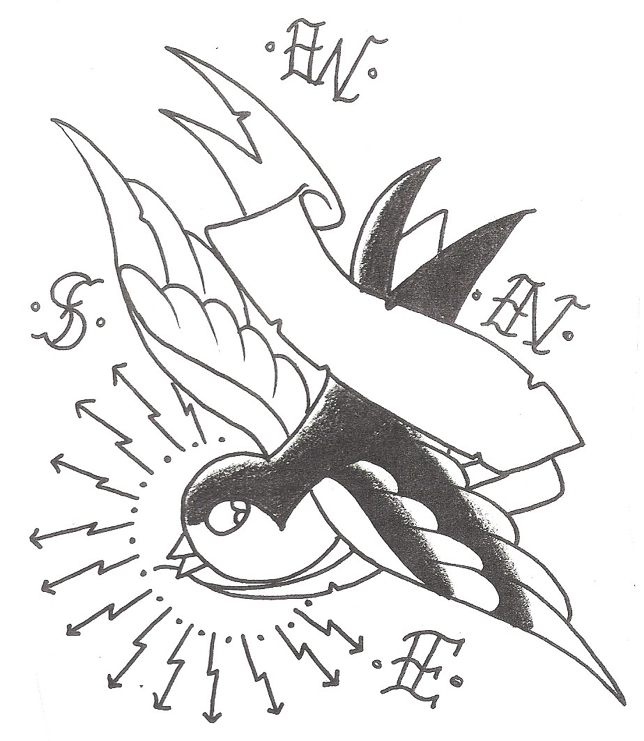 Unolored old school bird with a stripe and arrow-ray sun tattoo design