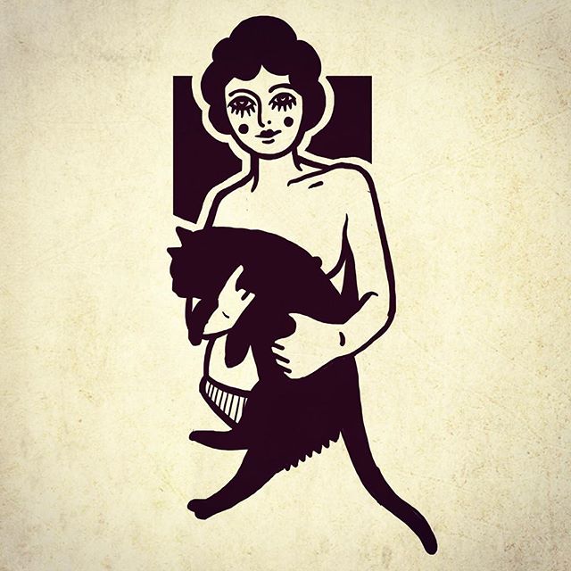 Unolored old school girl keeping a black cat tattoo design