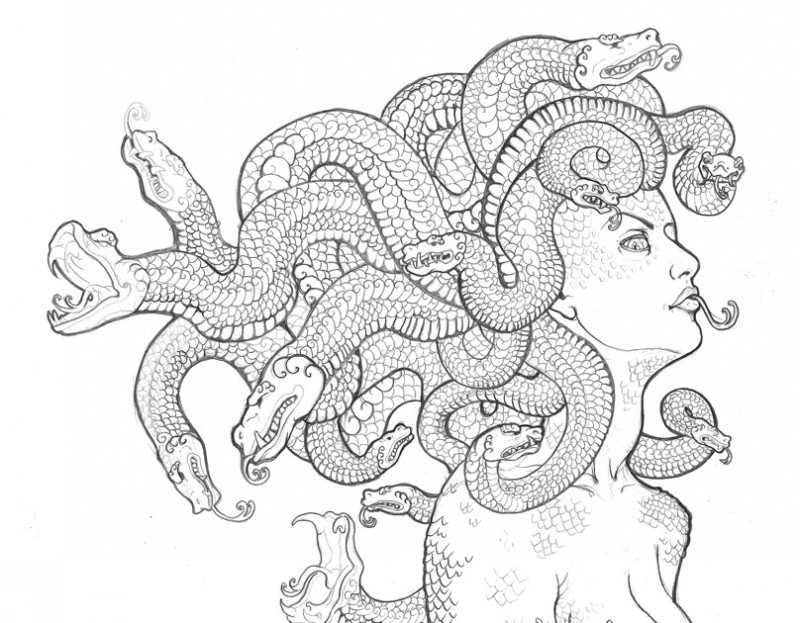Incompleto incolor dimensionado medusa gorgona tatuagem desenho