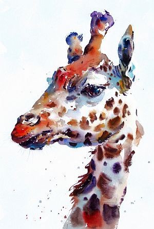 Unpleased watercolor giraffe portrait in profile tattoo design
