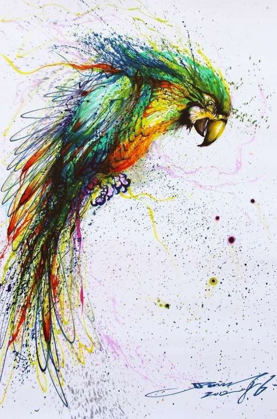 Untidy watercolor parrot in splashes tattoo design