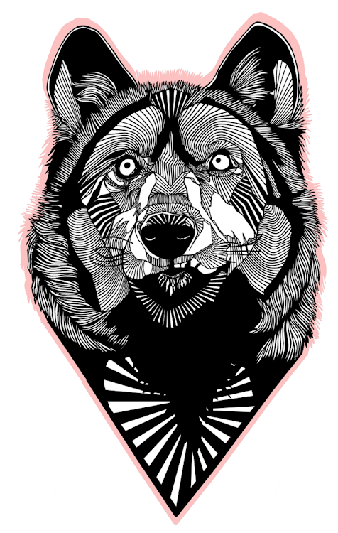 Unusual-designed wolf portrait in pink contour tattoo design