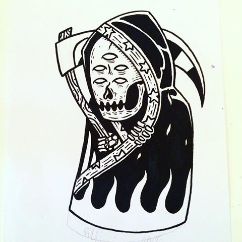 Unusual-faced death figure in black-and-white colors tattoo design