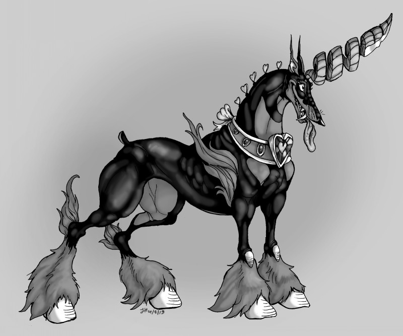 Unusual animated horse with horned doberman head tattoo design