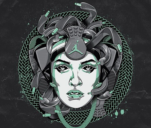 Unusual biomechanical-style medusa gorgona head tattoo design