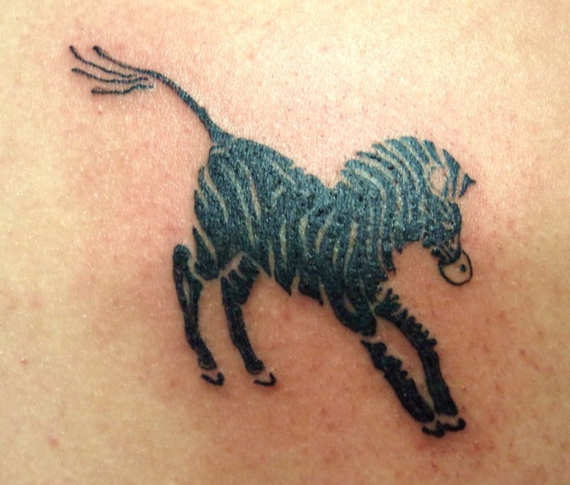 Unusual black-ink full size zebra tattoo