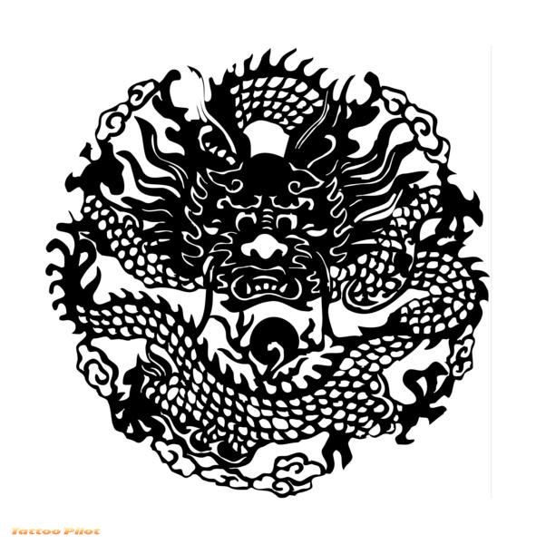 Dragão asiático preto incomum no design de tatuagem de pose redondo ondulado